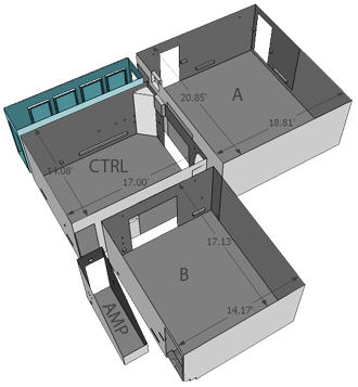 The hallway at PlethoraTone serves as an overflow isolation room, equipment storage, or a location for room microphones