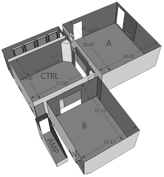 PlethoraTone studios features two recording rooms, a control room, an amp closet/vocal booth, and a hallway